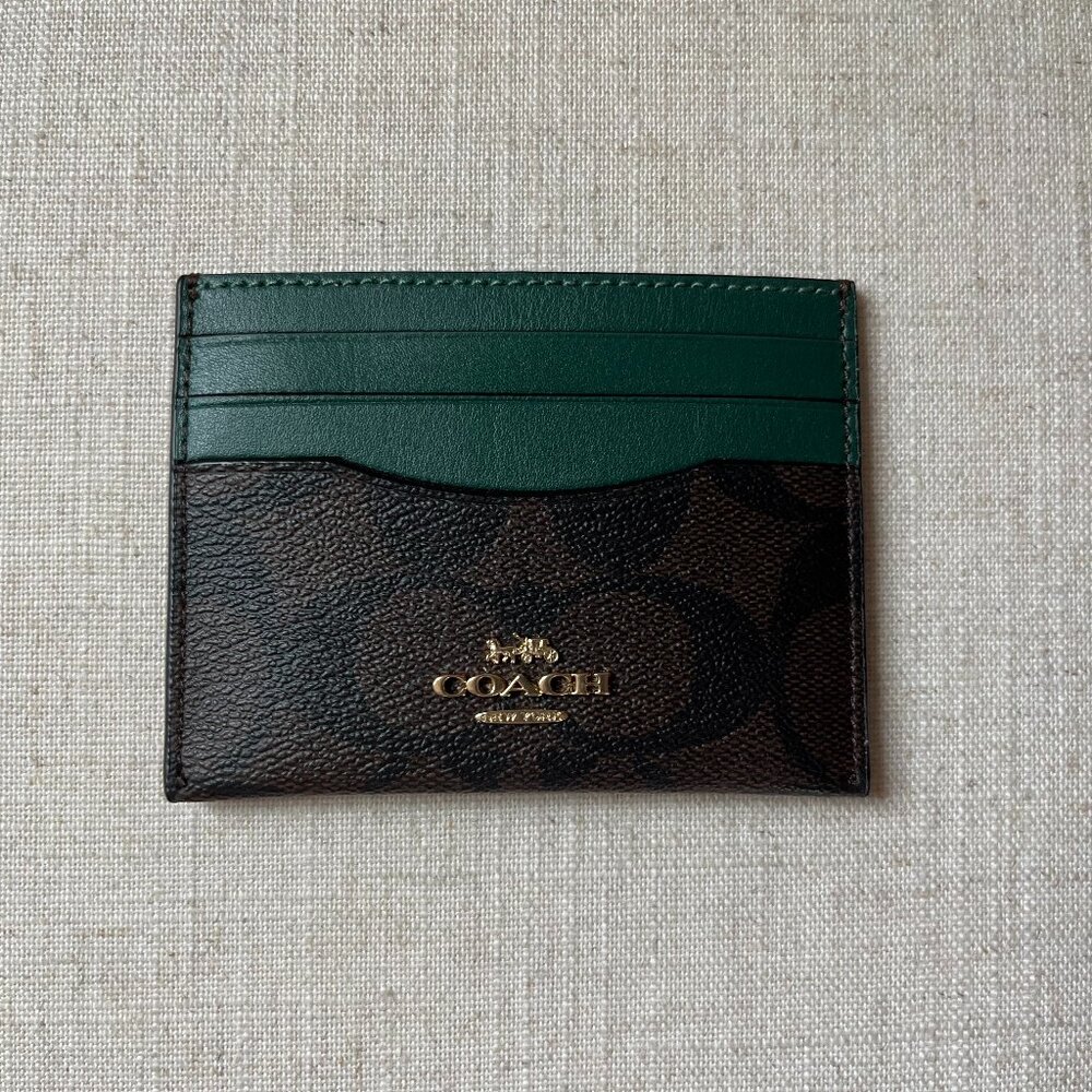 NWT Coach Signature Slim ID Credit Card Case Holder Brown and Dark Pine Leather